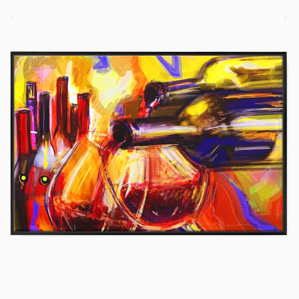 Tablou canvas cu pictura abstracta cu sticle si pahare de vin, in rama de aluminiu negru